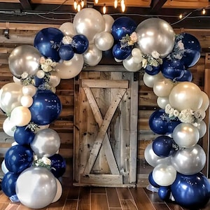Navy Blue Balloon Garland - Double Stuffed Pearl White Royal Blue Balloons Dark Navy Silver Balloon Arch Kit for Birthday Bridal Graduation