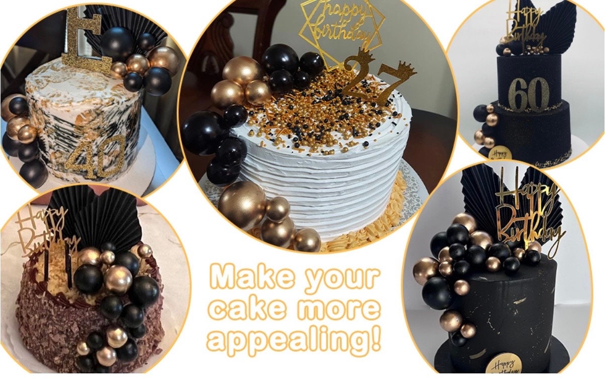 25 PCS Birthday Cake Topper Set - Black And Gold Happy Birthday Decorations With Numbers, Crown & Balls