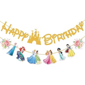 Banner de cumpleaños de princesa dorada para niñas, decoración de fiesta de cumpleaños de princesa para niñas, decoraciones para fiestas infantiles y baby shower.