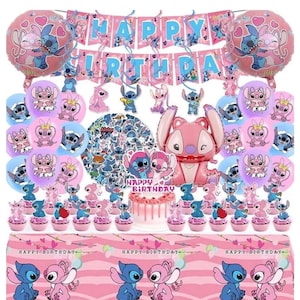 101PCS Stitch Party Supplies, Birthday Decorations Set Include Banner, Balloons, Stickers, Hanging Swirls, Cake Cupcake Toppers, Tablecloth