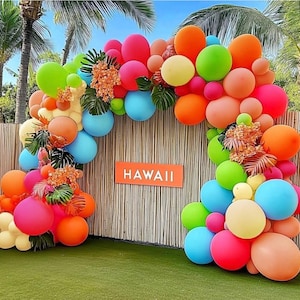 Tropical Balloon Garland Double Stuffed Pink Orange Yellow Balloon Arch Kit Hot Pink Peach Green Blue Balloons for Tropical Hawaiian Party