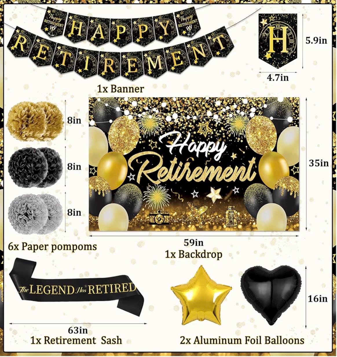 19 Pieces Retirement Party Decorations Black Gold Happy Retirement