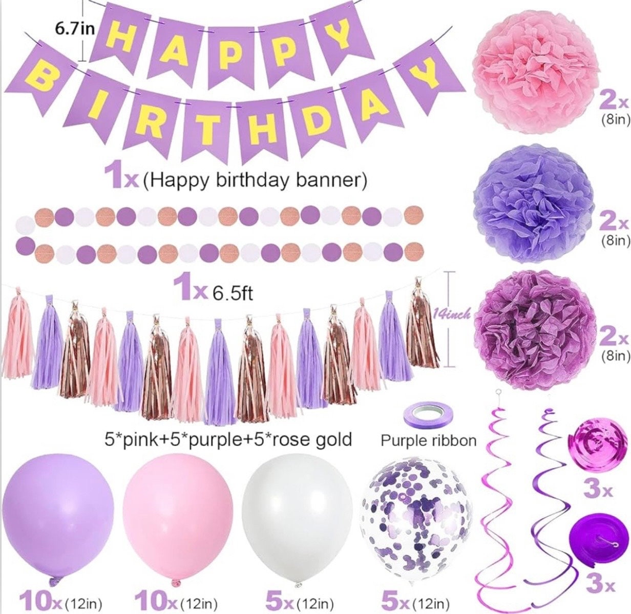 Paarse verjaardagsdecoratie voor meisjes 9e verjaardag, Happy Birthday- banner, paarse ballonnen, paars lametta gordijn, verjaardagssjerp, pompons, hangende spiralen voor een prinsessenfeest