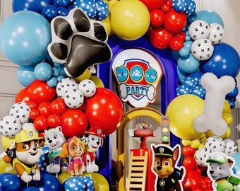 ALL -IN-1 Paw Balloon Arch & Garland Kit with BONUS Dog Bone – Small and Large Red, Dark Blue Paw Balloons – Chase Paw Birthday Party Decor
