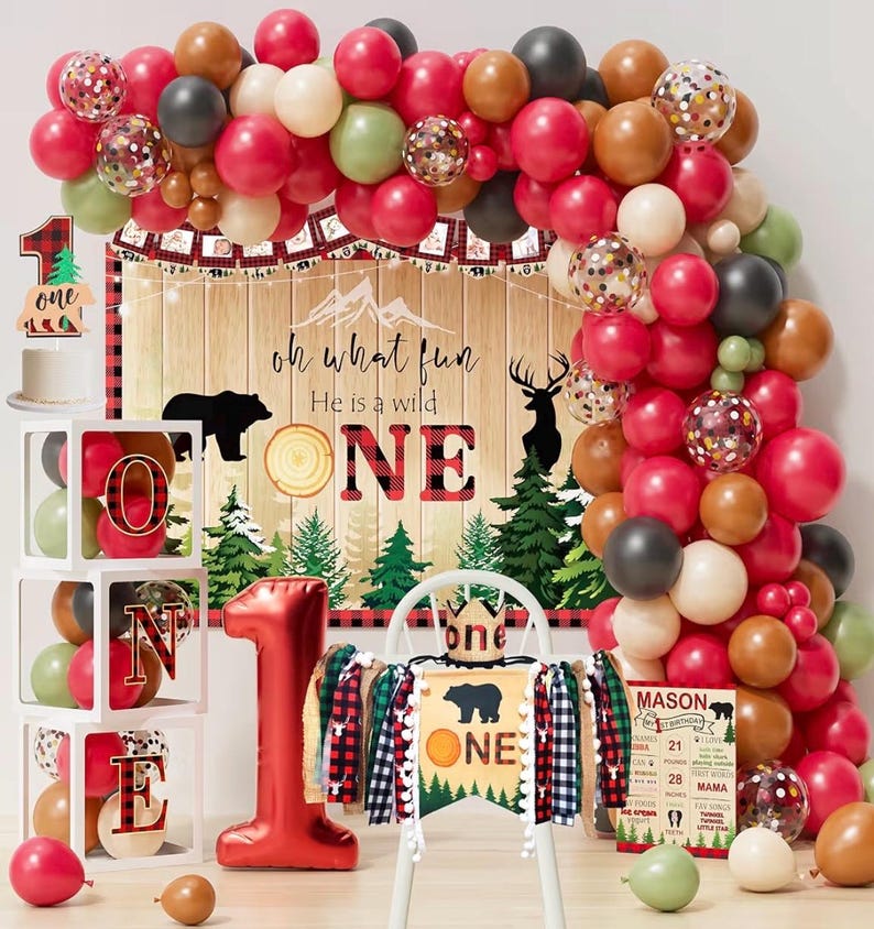 Lumberjack First Birthday Decorations, Lumberjack 1st Birthday Party Supplies,Buffalo Plaid Monthly Photo Banner Highchair Banner First Bday image 1