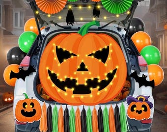 Bildekorationer med "Bagga eller godis"-motiv, Halloweenpumpa-bagagedekor med ballonger, pappersfläktar, tofsar, fladdermöss, bildekorationer med Jack O'Lantern-motiv