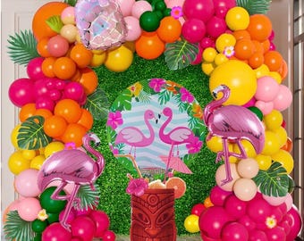 Ensemble de 130 guirlandes de ballons tropicaux roses et oranges flamants roses avec ananas pour décorations de fête à thème luau aloha de plage d'été