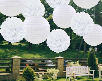 12Pcs White Paper Pom Poms, Lanterns Decorative Chinese/Japanese Hanging Round Paper Lanterns Lamp for Birthday, Wedding, Christmas, Bridal,