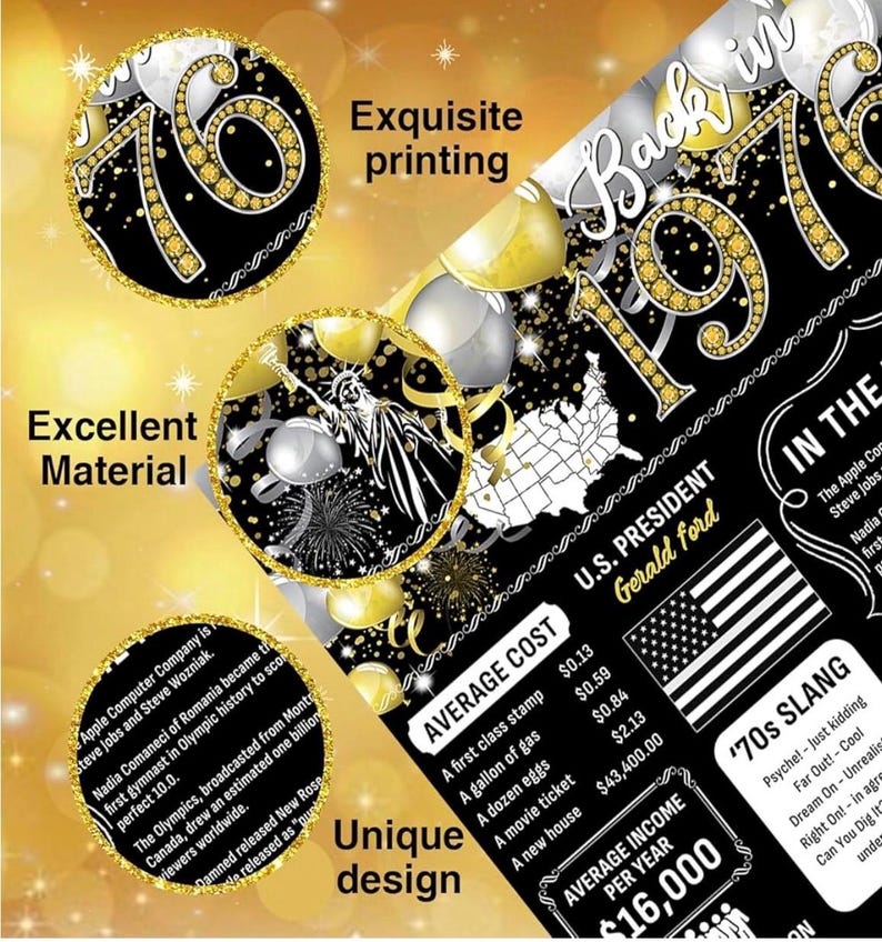 50th Birthday Black Gold Party Decoration Back in 1976 Backdrop Large ...