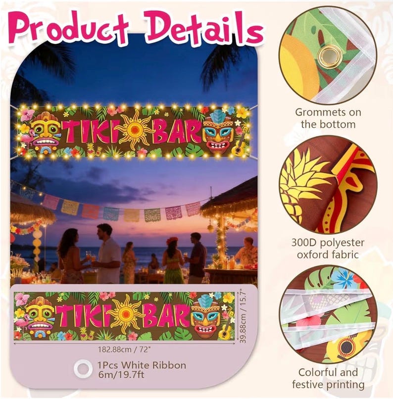 May include: A colorful Tiki Bar banner with a sunset background. The banner features Tiki masks, flowers, and a sun design. It measures 72 inches wide and 15.7 inches high, with grommets and a white ribbon.