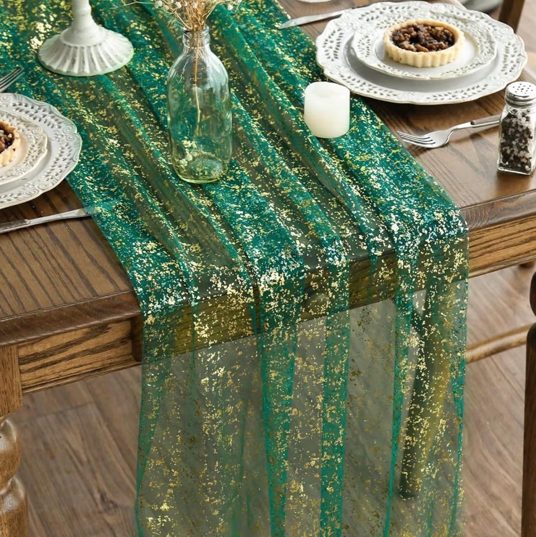 グリーンゴールドガーゼテーブルランナー 120インチ 10フィート