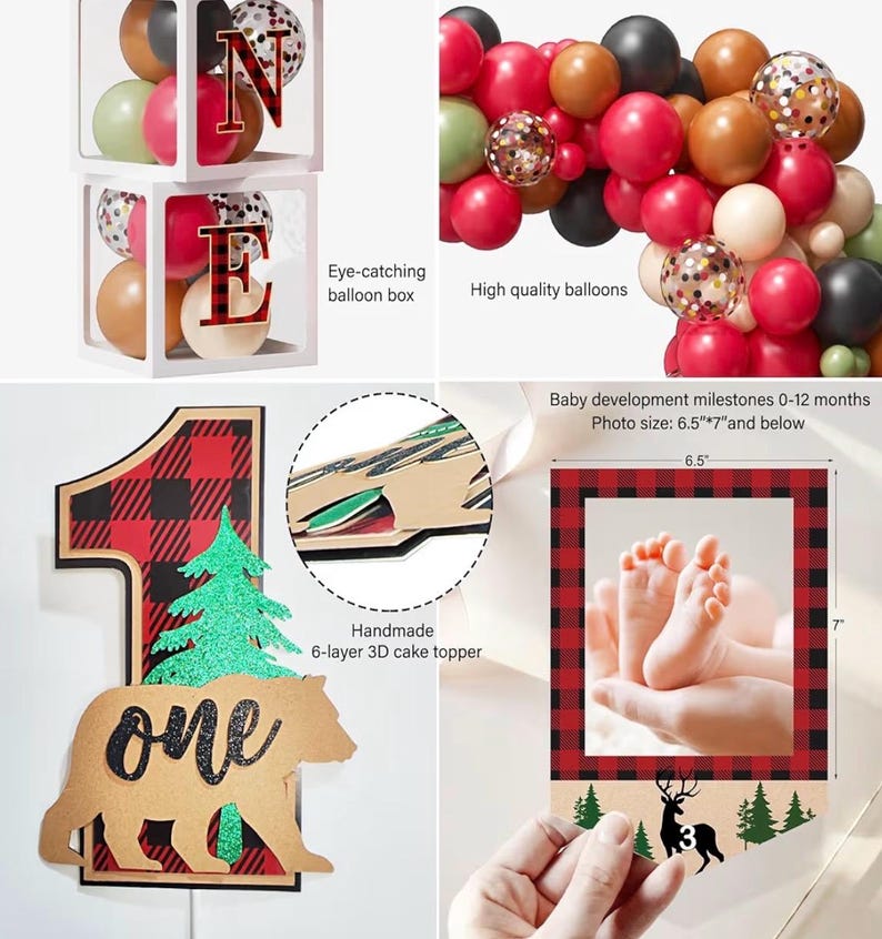 Lumberjack First Birthday Decorations, Lumberjack 1st Birthday Party Supplies,Buffalo Plaid Monthly Photo Banner Highchair Banner First Bday image 5