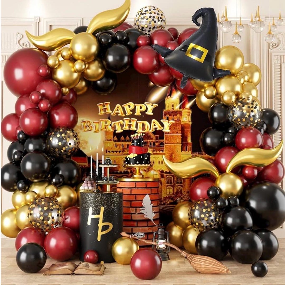 Burgundy Gold Balloons YIQXKOUY 118-Piece Wizard Balloon Arch Kit -  Burgundy Black Gold Magic Theme Party Decorations, image size:1080x1079