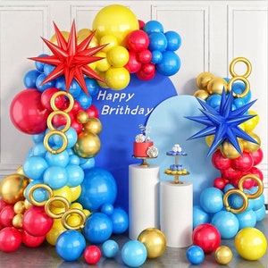 Czerwony, niebieski, żółty łuk balonowy zestaw, karnawałowy czerwony, niebieski, żółty, girlanda balonowa lateksowe balony z 2 szt. 4D gwiazdek foliowych balonów dla kreskówkowego Sonika
