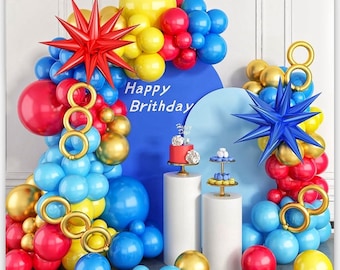 Red Blue Yellow Balloon arch kit, Carnival Red Blue Yellow Balloon Garland Latex Balloons with 2PCS 4D Star Foil Balloons for Cartoon Sonik