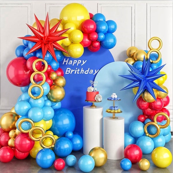 Red Blue Yellow Balloon arch kit, Carnival Red Blue Yellow Balloon Garland Latex Balloons with 2PCS 4D Star Foil Balloons for Cartoon Sonik