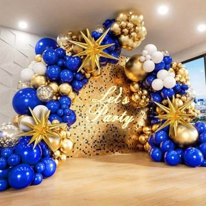 Blue and Gold Balloons Arch Garland Kit with Starburst Foil Balloons, 5 10 12 18 inch Navy Blue White and Gold Balloon ,136 Pcs
