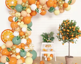 Kit de 151 piezas de decoración para baby shower "Little Cutie", arco de globos amarillo, verde salvia y naranja con globos de papel de aluminio naranja y hojas de sauce.