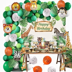 Safari Birthday Decorations for Boy Jungle Theme Party Supplies Green Balloon Garland Arch Kit with Happy Birthday Backdrop Animal Balloons
