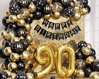 90th Birthday Decorations for Men Women with Happy 90th Birthday Decorations Banner 90 Balloon Number, Black and Gold 90th Birthday Balloons