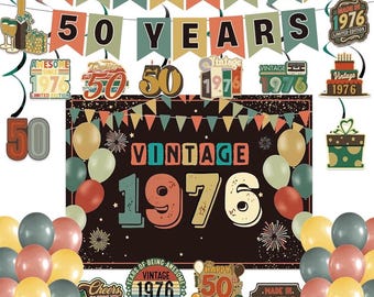 Decoraciones de cumpleaños vintage de 1976. Decoraciones para el 50.º cumpleaños. Over The Hill. Decoraciones para el 50.º cumpleaños con pancarta vintage "Cheers To 50 Years".