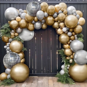 Chrome Gold Silver Balloon Garland Kit-Metallic Gold Silver Balloons and 4D Disco Silver Foil Mylar Balloons Arch for Birthday Baby Shower