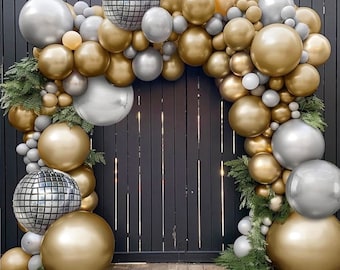 Chrome Gold Silver Balloon Garland Kit-Metallic Gold Silver Balloons and 4D Disco Silver Foil Mylar Balloons Arch for Birthday Baby Shower