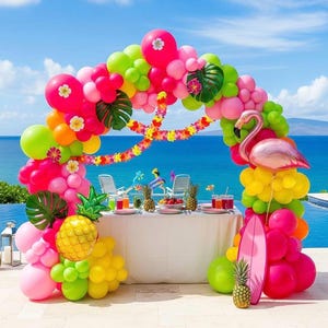 Summer Tropical Balloon Arch Kit Hot pink yellow orange Balloon Luau Flower Card Sticker palm leaves Hawaiian leis For Baby Shower Flamingo