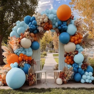 Blue Orange Balloon Arch Double Stuffed Latex Orange Sand White Balloons Light Blue White Balloon Garland for Birthday Fall Baby Shower