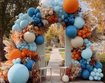 Blue Orange Balloon Arch Double Stuffed Latex Orange Sand White Balloons Light Blue White Balloon Garland for Birthday Fall Baby Shower