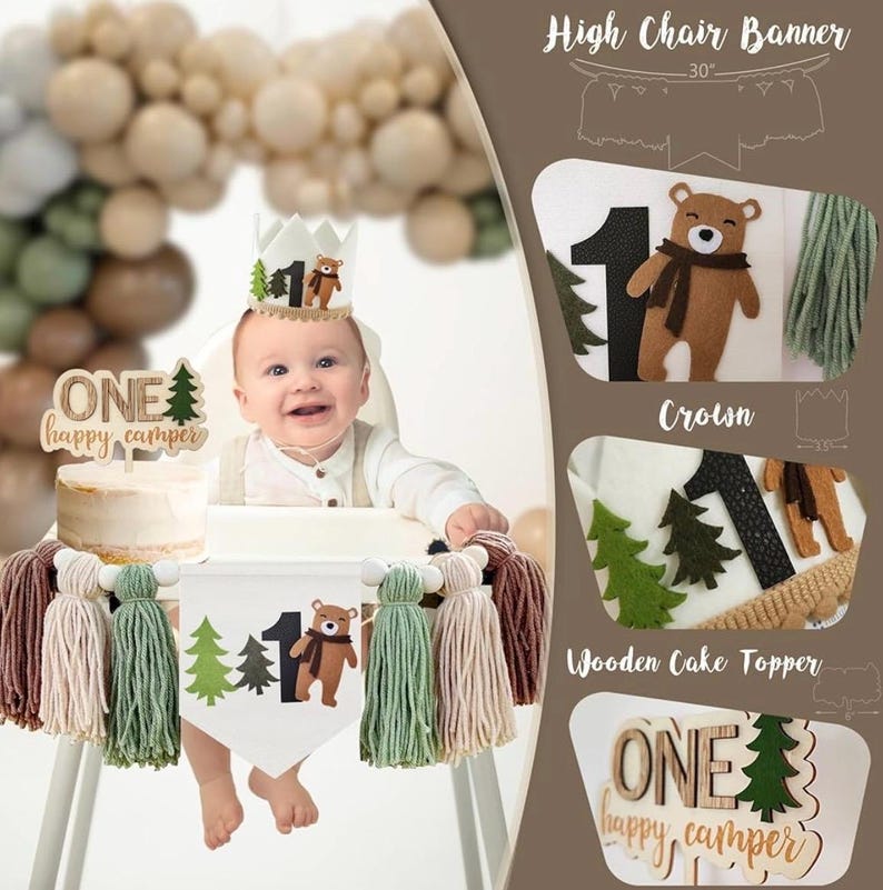 One Happy Camper Birthday Decorations, Camping 1st Birthday Party Supplies with Balloon Arch Balloon Box Backdrop High Chair Banner Crown image 7