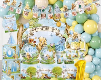 Decoraciones para el primer cumpleaños de Winnie, arco de globos con el oso Pooh, pancarta, decoraciones para tartas, fondo para el primer cumpleaños, juego de platos y servilletas de Pooh