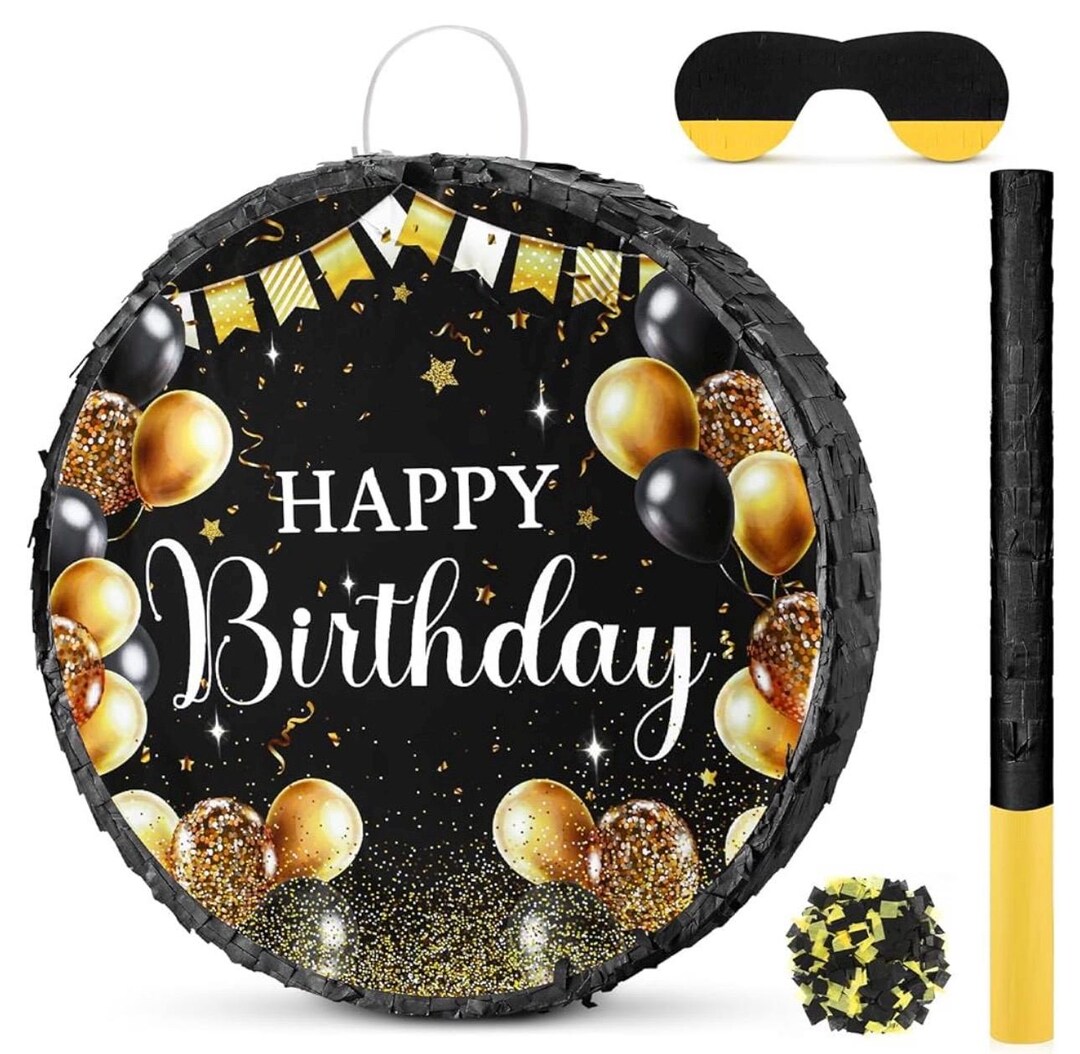 Pinata Gold Black and Gold Birthday Pinata With Stick Blindfold and Confetti for ...