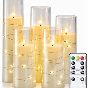 Flameless LED Candles with Embedded Star String, 5 Pcs Battery Operated Acrylic Pillar Candles with Timer and Remote, Flickering Candles