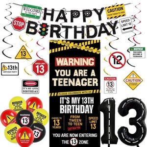13th Birthday Decorations Boys Girls, Black Happy 13th Birthday Banner Backdrop Balloons Hanging Swirls, Caution Logo Themed Teenager 13