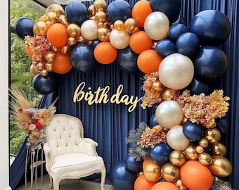 Navy Blue Orange Balloon Garland Double Stuffed Dark Blue Burnt Orange White Sand Pearl Gold Balloon Arch Kit for Birthday Baby Shower