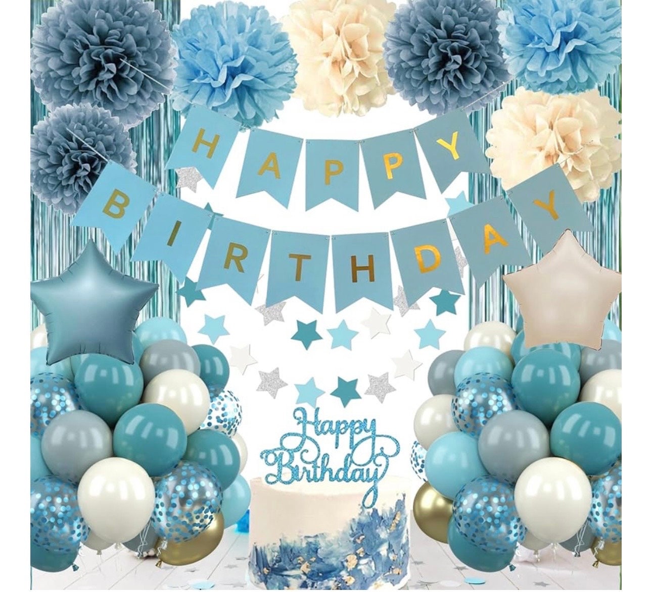 BROTOU Blue Birthday Party Decorations Kit - Banner, Balloons, Pom Poms & Hanging Swirls Decor - View #14