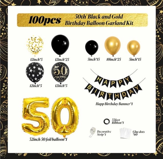 Sfondo Per 50° Compleanno AOLOA – Striscione Nero E Oro Con Scritta Happy Birthday, Fuochi D'artificio, 71x109 Cm, Con Corda Da 6 M – Per Feste E Foto