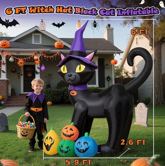 クロ魔女猫　パープル　^(｀∇´)^ ハロウィン　※白猫ランタン付き(訳あり) 魔女の帽子を被った黒猫'' ワイヤーキャットHalloween アート