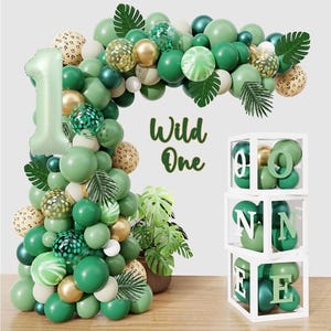 Wild One Birthday Decorations, 110 PCS Balloon Boxes, Sage Green Gold Balloon Garland Arch Kit Number1 Artificial Leaves for Safari Jungle