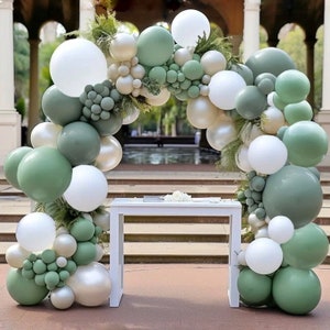 Guirlande de ballons blanc vert sauge, double ballons vert poussiéreux farcis, kit d&#39;arche de ballons blanc perle sable vert olive pour baby shower