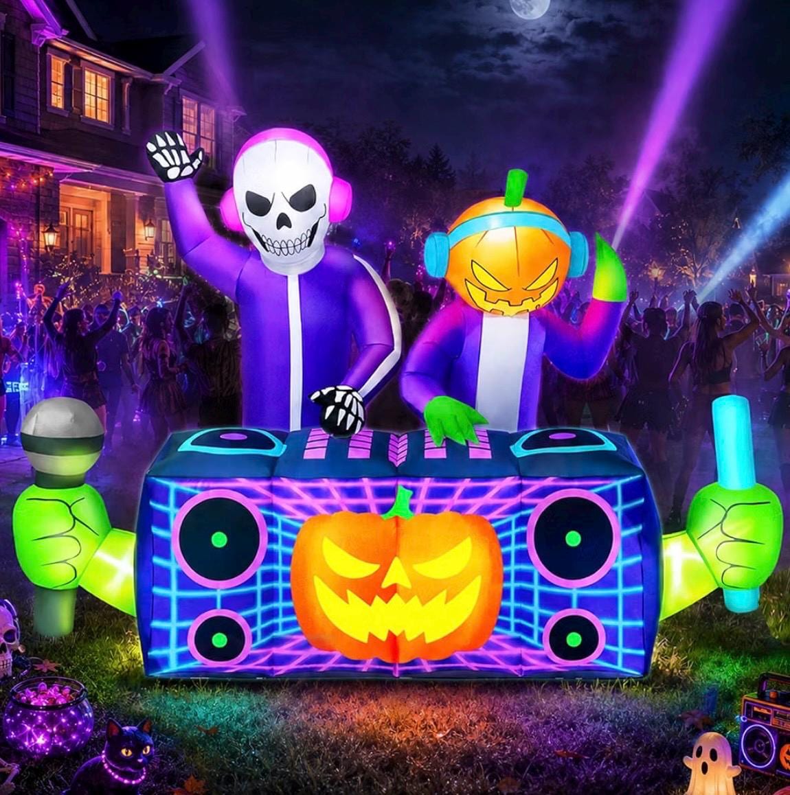 8FT Halloween Inflatable Skeleton Pumpkin DJ Duo, Giant Lighted