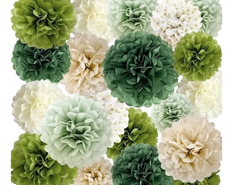 Sage Green Tissue Paper Pom Poms 20 Pcs Wedding Party Decorations Ivory Tan Boho Flowers  Wall Hanging Decor Supplies