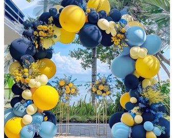 Niebieskie i żółte balony, granatowy, królewski niebieski, zestaw łuków balonowych na urodziny, letni baby shower, wieczór panieński, cytrynowe przyjęcie szkolne