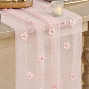 Pink Flower Pearl Pink Gauze Table Runner 10FT, Seasonal Sheer Dining Holiday Wedding Birthday Baby Shower Table Decor for Home Party