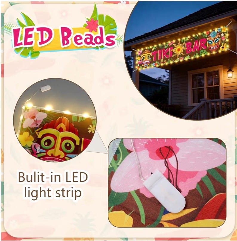 May include: A banner with the text "TIKI BAR" illuminated by LED lights, featuring tiki mask designs and tropical flowers. The banner is displayed on a house, with a close-up showing the built-in LED light strip and a floral pattern.