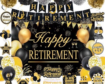 Retirement Party Decorations for Men Women Black Gold Happy Retirement Banner Backdrop Balloons Paper Pompoms Honeycomb Centerpiece