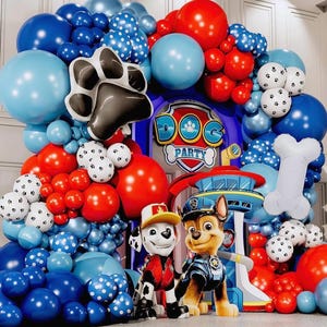 ALL-IN-1 Paw Balloon Arch & Garland Kit with BONUS Dog Bone – Small and Large Red, Dark Blue Paw Balloons – Chase Paw Birthday Party Decor