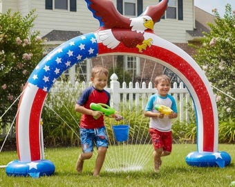 8.5 x 6.2 Ft Outdoor Sprinkler for Kids Age 3-7 Years Old - 250th Anniversary Eagle Arch Inflatable Kid Sprinklers for Yard - Water Park