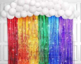 Sfondo per feste arcobaleno Ghirlanda di palloncini Arcobaleno Nuvole Compleanno Sfondi per foto Props Stand Arcobaleno Kit arco di palloncini Tende con frange Compleanno